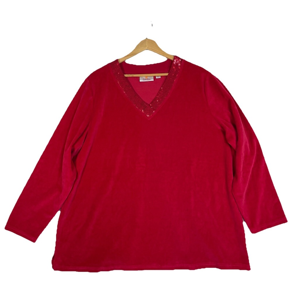 Quacker Factory Reversible Sequin V Neck Holiday Sweater 2X Velour Red